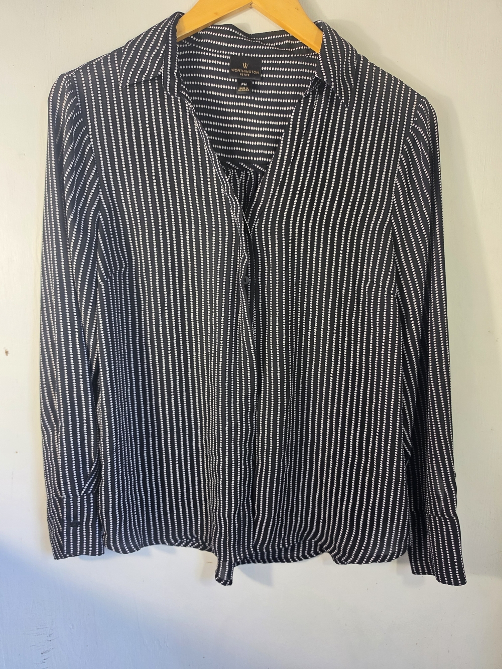 Worthington Petite PM Black White Dot Stripe Blouse